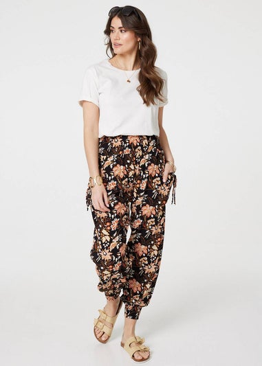 Izabel London Black Vintage Floral Shirred Waist Harem Pants