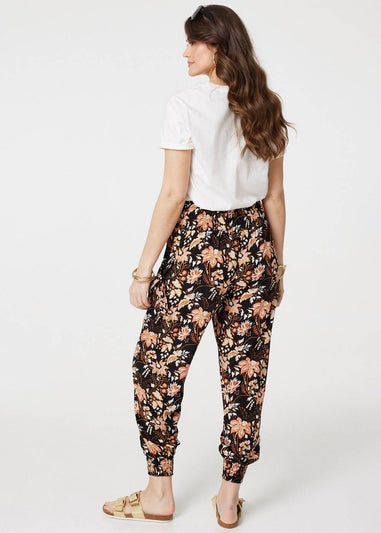 Izabel London Black Vintage Floral Shirred Waist Harem Pants