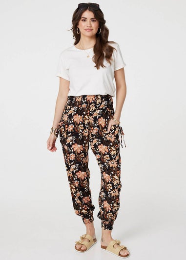 Izabel London Black Vintage Floral Shirred Waist Harem Pants