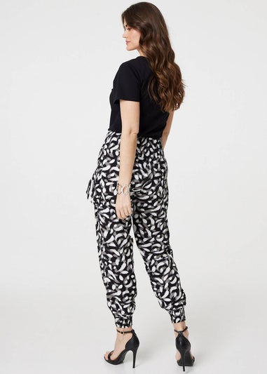 Izabel London Black Feather Print Harem Pants with Pockets