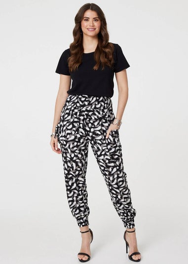 Izabel London Black Feather Print Harem Pants with Pockets