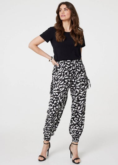 Izabel London Black Feather Print Harem Pants with Pockets