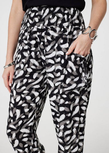 Izabel London Black Feather Print Harem Pants with Pockets