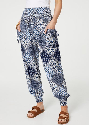 Izabel London Blue Patchwork Print High Waist Harem Pants