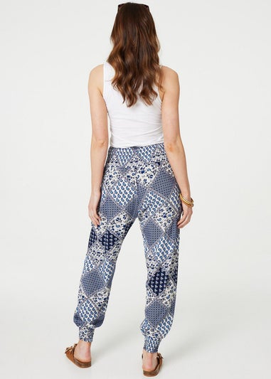 Izabel London Blue Patchwork Print High Waist Harem Pants