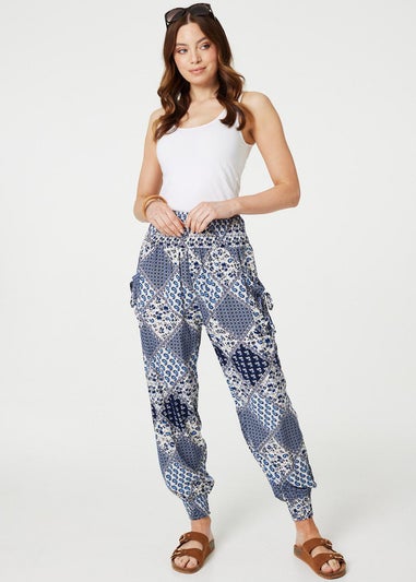 Izabel London Blue Patchwork Print High Waist Harem Pants