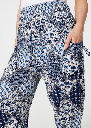 Izabel London Blue Patchwork Print High Waist Harem Pants