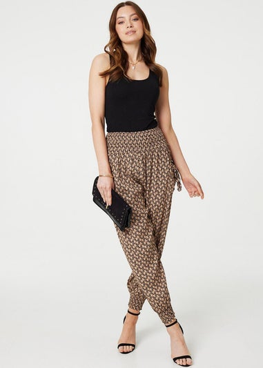 Izabel London Beige Printed High Waist Tassel Harem Pants