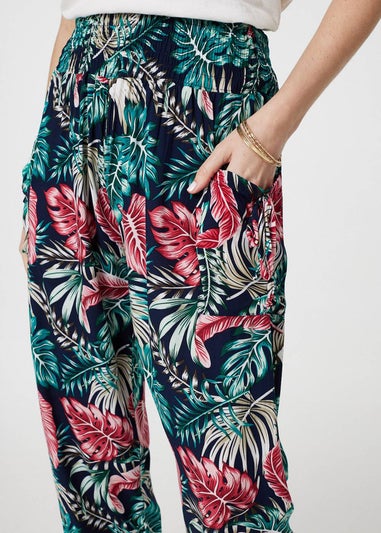 Izabel London Navy Leaf Print Harem Pants with Pockets