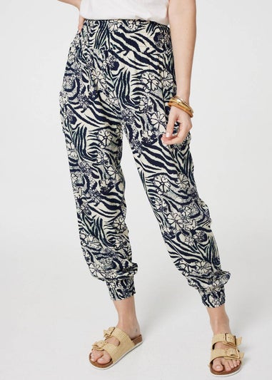 Izabel London Navy Floral Animal Print Harem Trousers