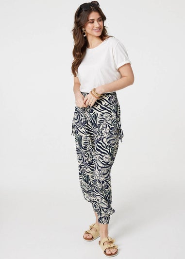 Izabel London Navy Floral Animal Print Harem Trousers