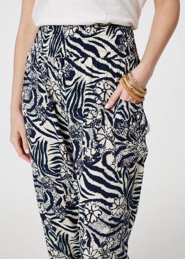 Izabel London Navy Floral Animal Print Harem Trousers