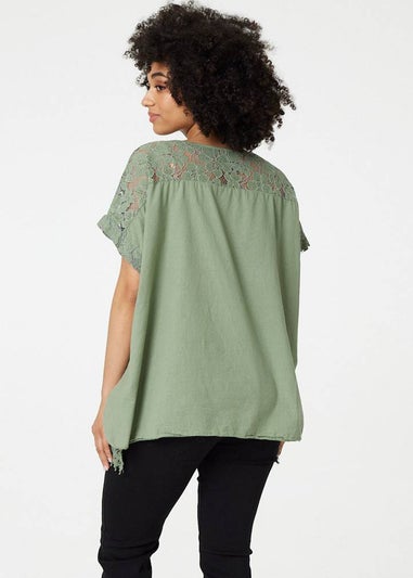 Izabel London Khaki Broderie Anglaise Oversized Blouse