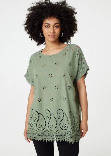Izabel London Khaki Broderie Anglaise Oversized Blouse