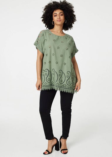 Izabel London Khaki Broderie Anglaise Oversized Blouse