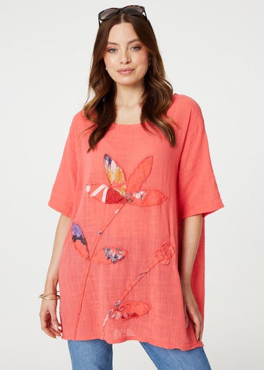 Izabel London Peach Floral Embroidered Oversized Blouse