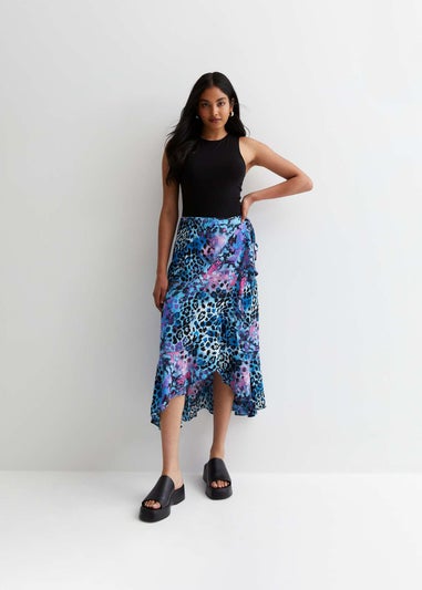 Gini London Blue Animal Print Ruffle Wrap Midi Skirt