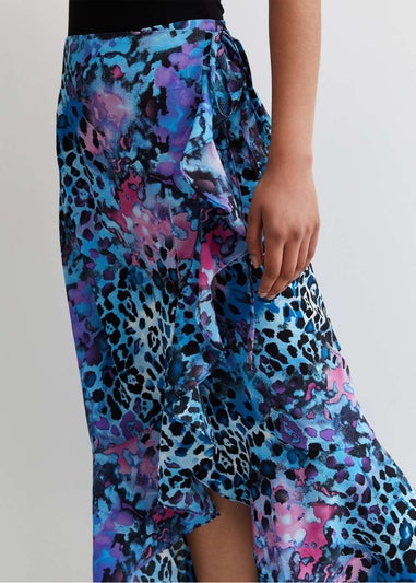 Gini London Blue Animal Print Ruffle Wrap Midi Skirt