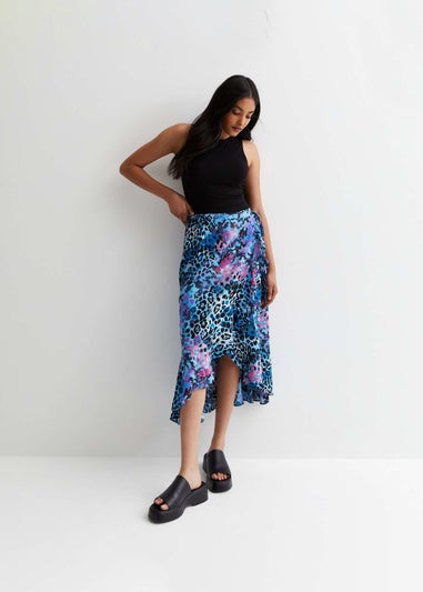 Gini London Blue Animal Print Ruffle Wrap Midi Skirt