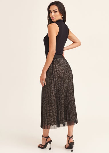 Gini London Black Animal Print Mesh Overlay Pleated Midi Skirt