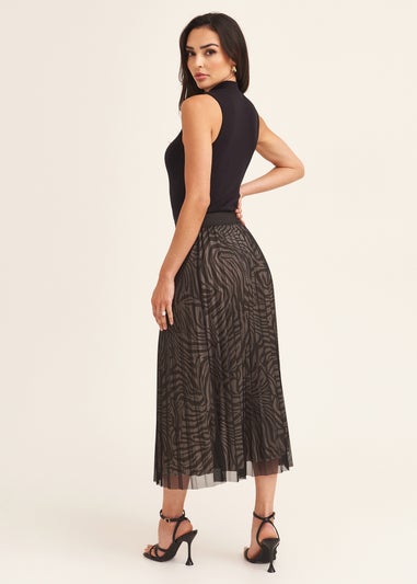 Gini London Black Animal Print Mesh Overlay Pleated Midi Skirt