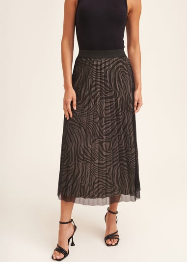 Gini London Black Animal Print Mesh Overlay Pleated Midi Skirt