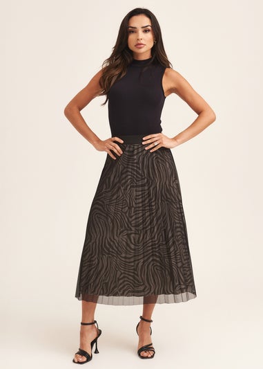 Gini London Black Animal Print Mesh Overlay Pleated Midi Skirt Matalan