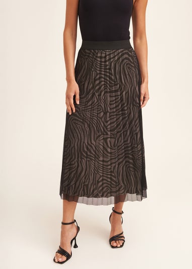 Gini London Black Animal Print Mesh Overlay Pleated Midi Skirt