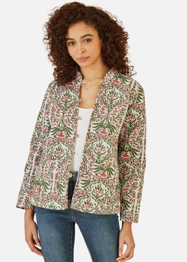 Yumi Pink Floral Print Reversible Cotton Quilted Jacket