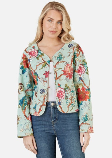 Yumi Stone Floral Print Reversible Cotton Cropped Quilted Jacket