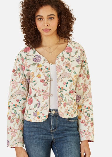 Yumi White Floral Print Reversible Cotton Cropped Quilted Jacket