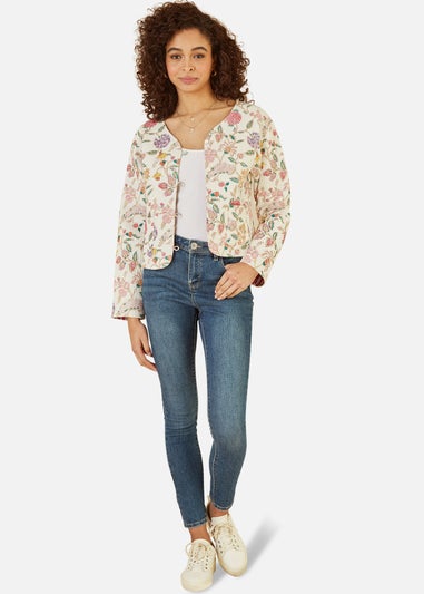 Yumi White Floral Print Reversible Cotton Cropped Quilted Jacket