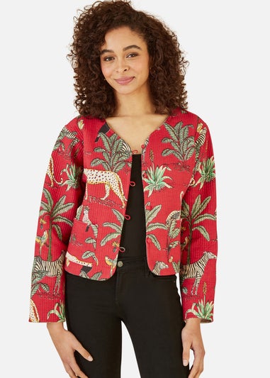 Yumi Red Animal Print Reversible Cotton Cropped Quilted Jacket