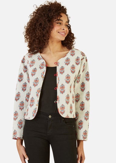 Yumi Red Animal Print Reversible Cotton Cropped Quilted Jacket