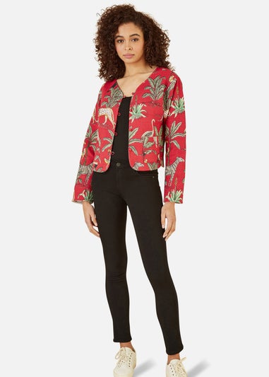 Yumi Red Animal Print Reversible Cotton Cropped Quilted Jacket