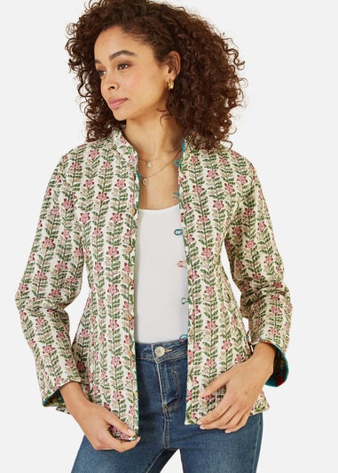 Yumi Teal Floral Print Reversible Cotton Quilted Jacket