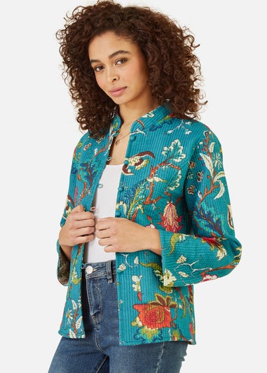 Yumi Teal Floral Print Reversible Cotton Quilted Jacket