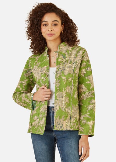 Yumi Green Floral Print Reversible Cotton Cropped Quilted Jacket