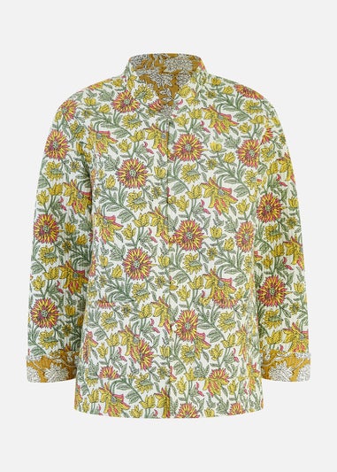 Yumi Yellow Floral Print Reversible Cotton Quilted Jacket