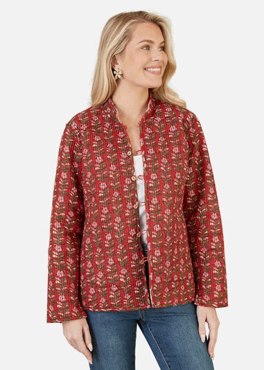 Yumi Red Floral Print Reversible Cotton Quilted Jacket