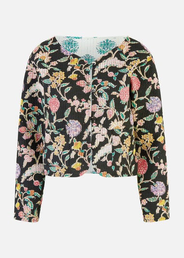 Yumi Black Floral Print Reversible Cotton Cropped Quilted Jacket