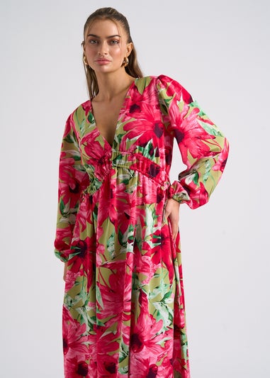 Urban Bliss Green Large Floral Ruched Smock Dress