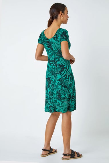Roman Green Leaf Print Stretch Ruched Dress