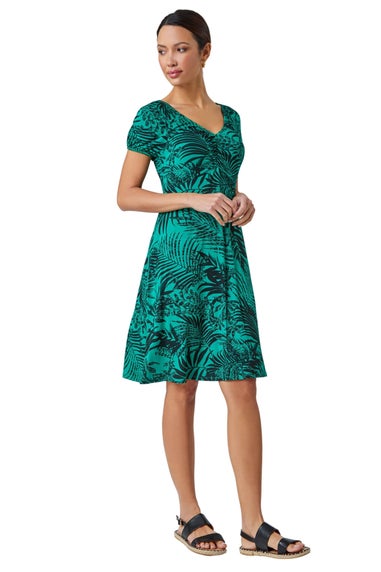 Roman Green Leaf Print Stretch Ruched Dress