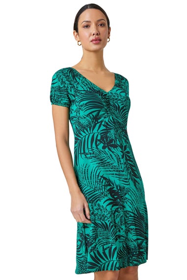 Roman Green Leaf Print Stretch Ruched Dress