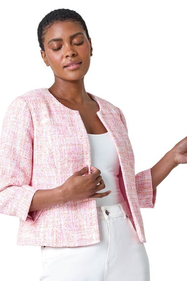 Roman Bright Pink Smart Textured 3/4 Sleeve Boucle Jacket