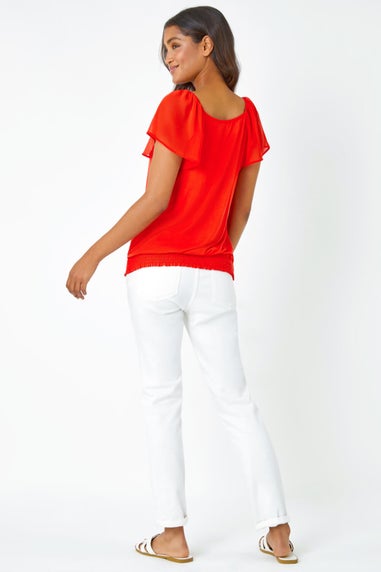 Roman Orange Chiffon Sleeve V-Neck Stretch Jersey Top