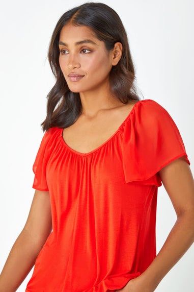 Roman Orange Chiffon Sleeve V-Neck Stretch Jersey Top