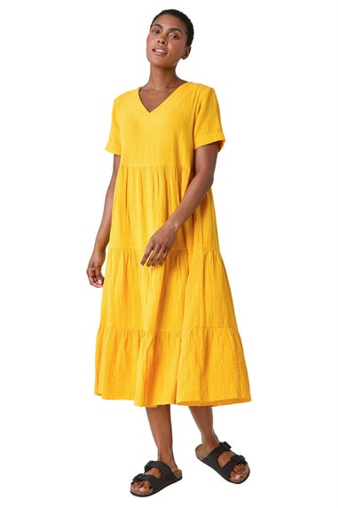 Roman Mango Cotton Textured Tiered Midi Dress