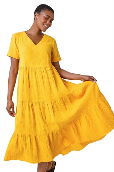 Roman Mango Cotton Textured Tiered Midi Dress